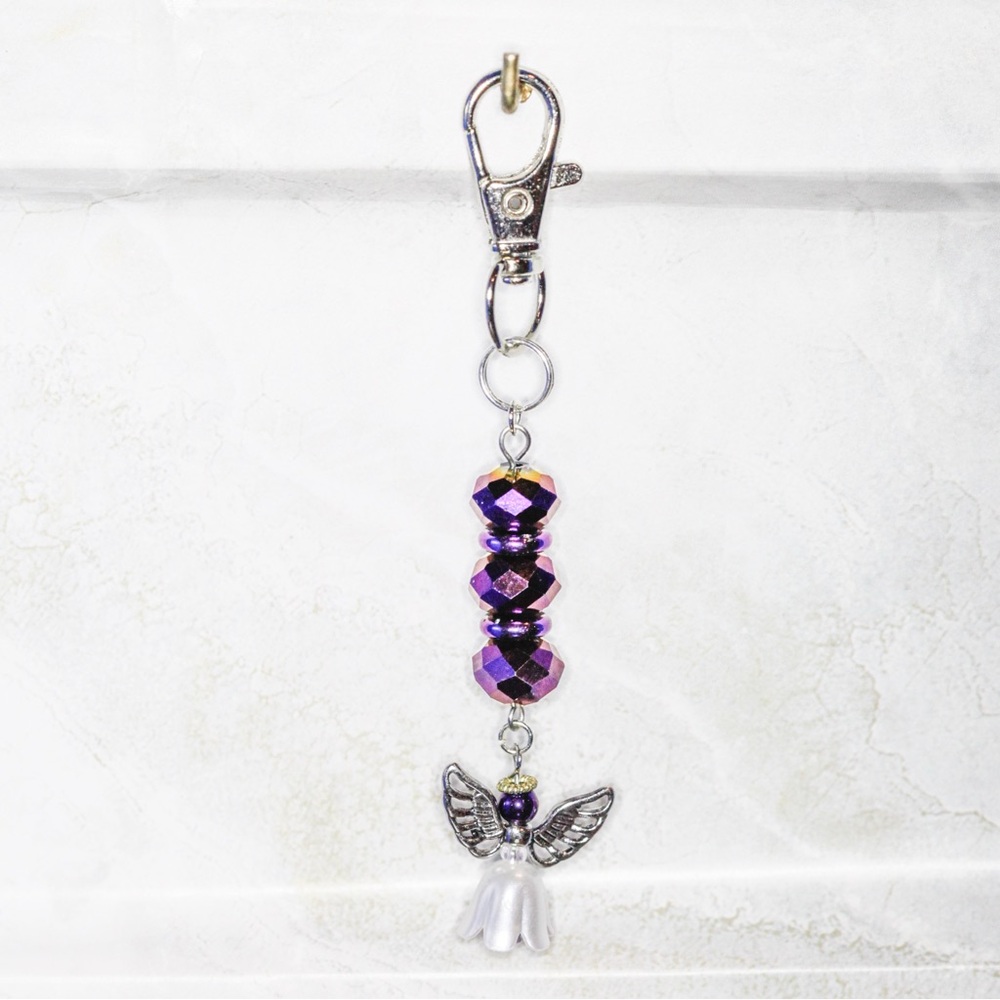One of a Kind Handmade Faceted Purple Beads and Angel Keychain Bag Charm